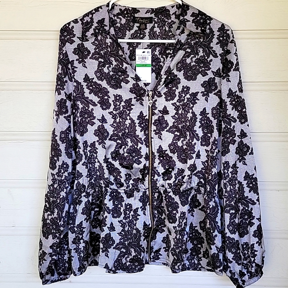 Avenue Lavender Floral Zip-Front Peplum Top